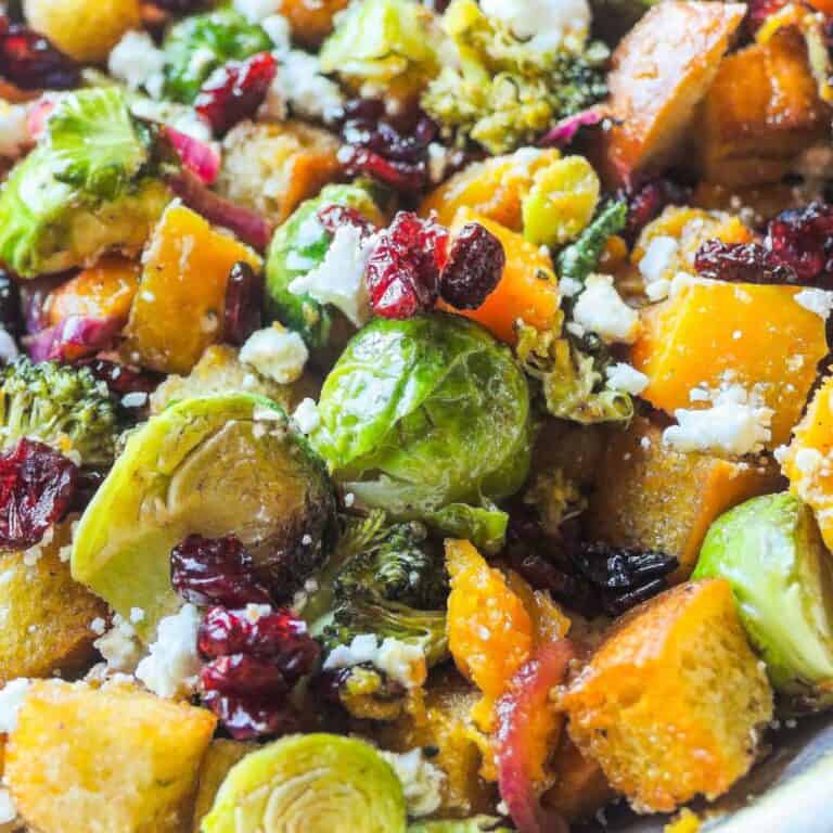 Close up of Fall Panzanella Salad