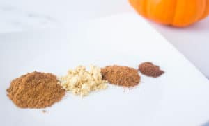 Spices for pumpkin pie spice on white plate