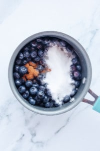 Fresh blueberries, sugar, lemon juice and cinnamon in a saucepan