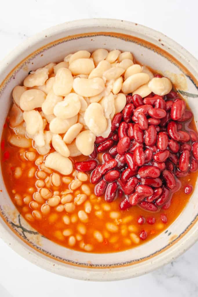 Bowl of butter beans, kidney beans and pork & beans