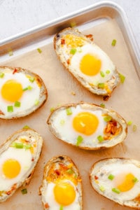 Breakfast Baked Potatoes on brown parchment paper