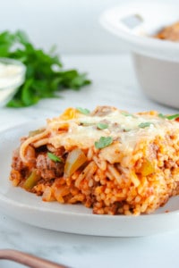 Serving of Baked Spaghetti Casserole on a white plate