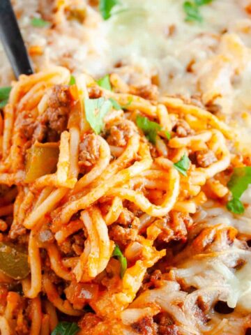Close up of Baked Spaghetti Casserole