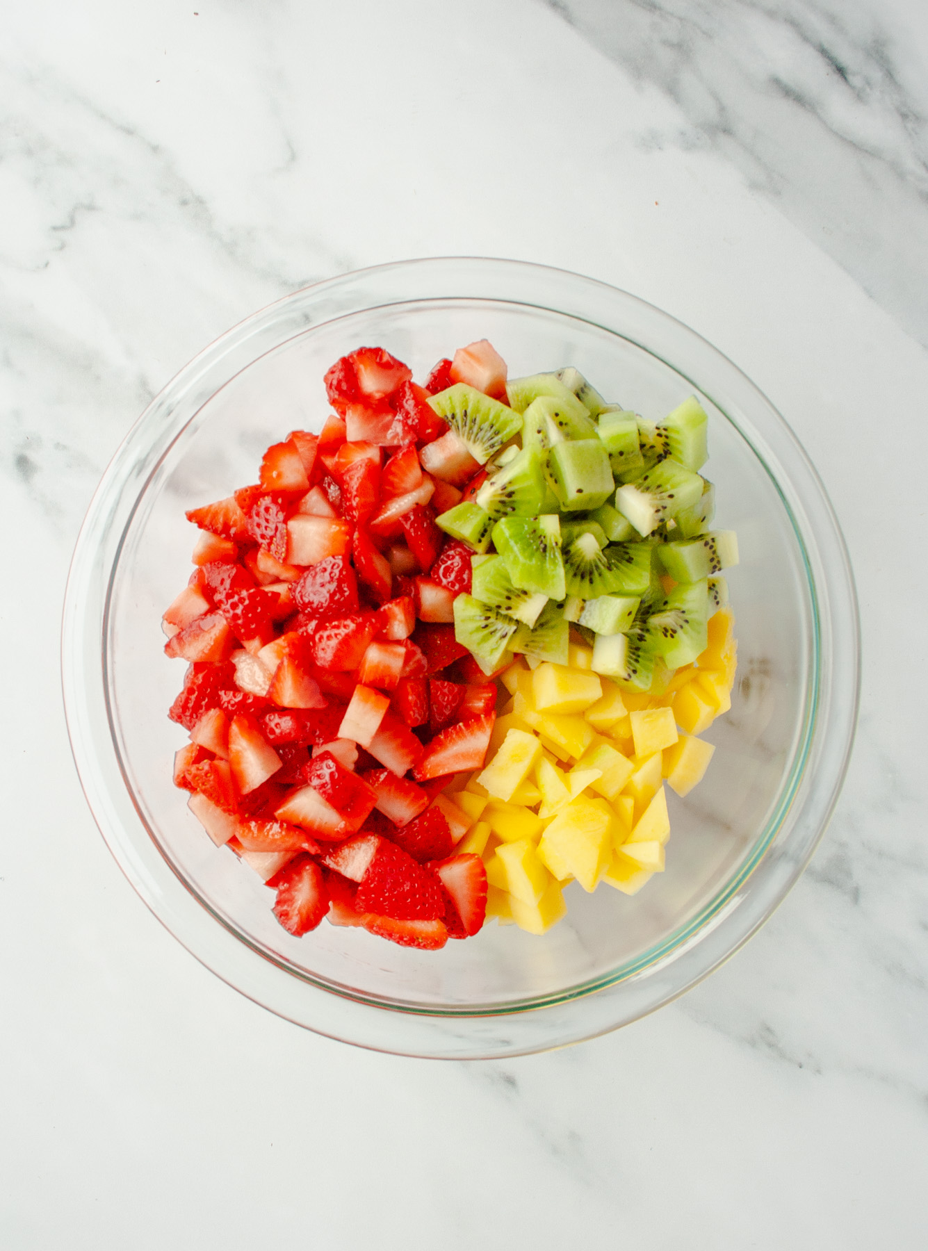 Strawberries, kiwi and mango in a bowl.