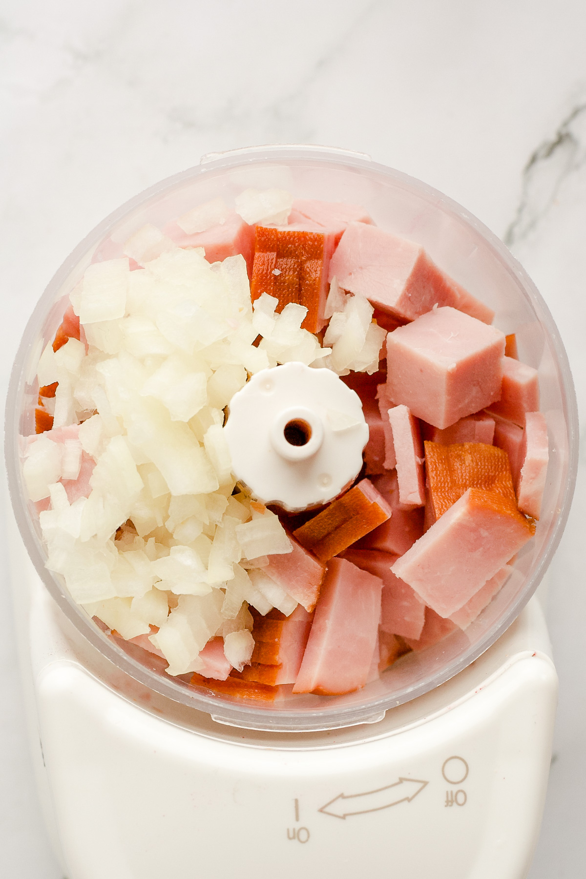 Diced ham and onion in food processor