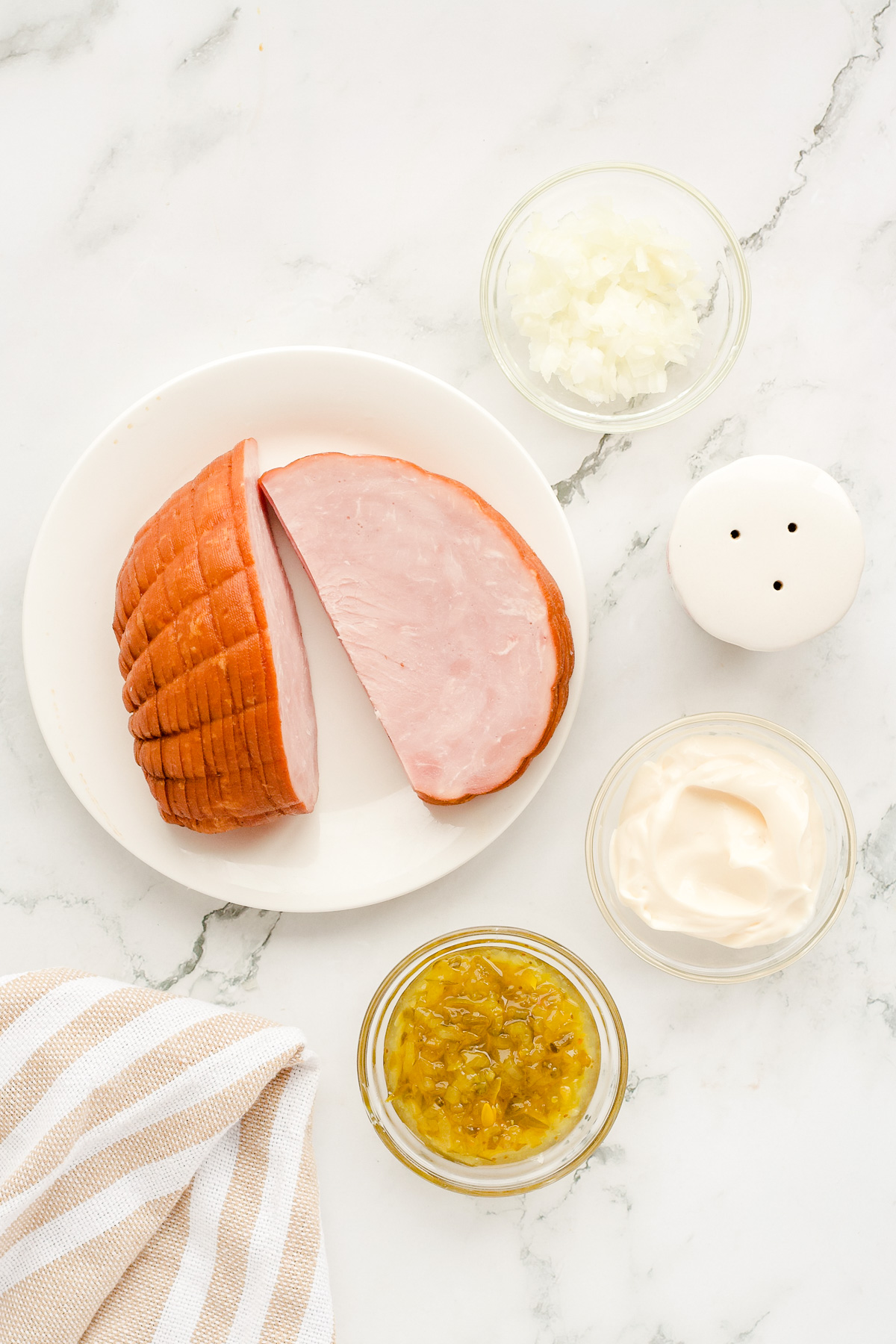 Ham salad ingredients laid out on countertop