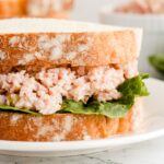 Old fashioned ham salad sandwich on white plate