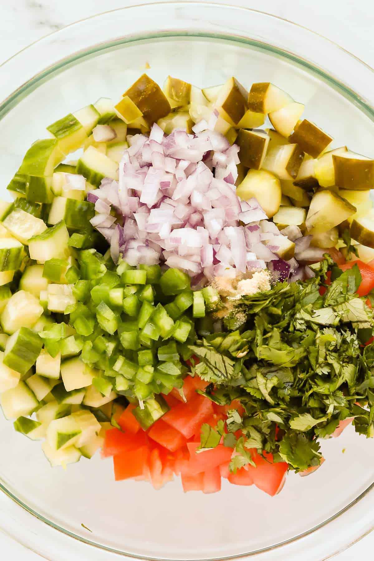 Diced cucumbers, dill pickles, red onion, jalapeno, tomato, cilantro and garlic powder in separate piles in a glass bowl. 