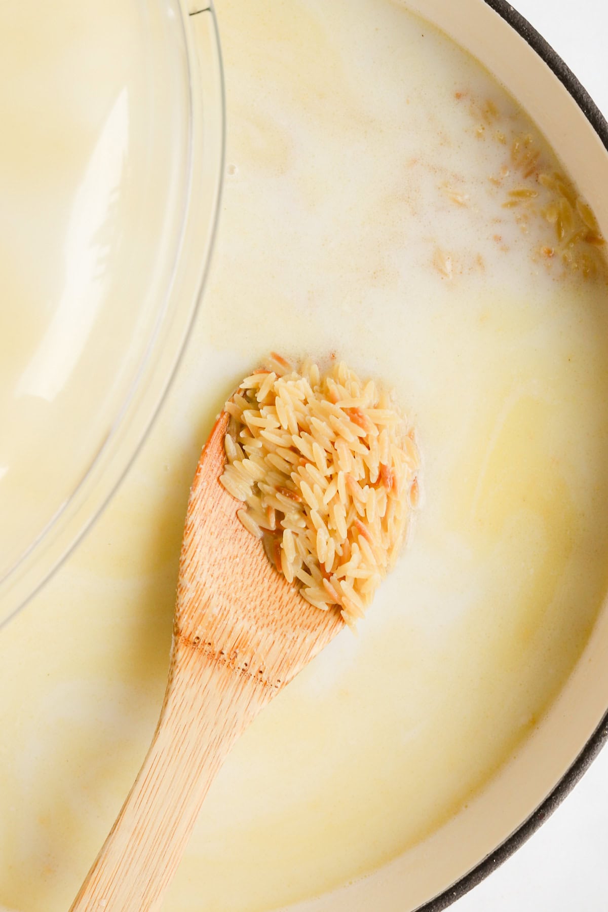 Milk, water and seasonings added at orzo to cook in.
