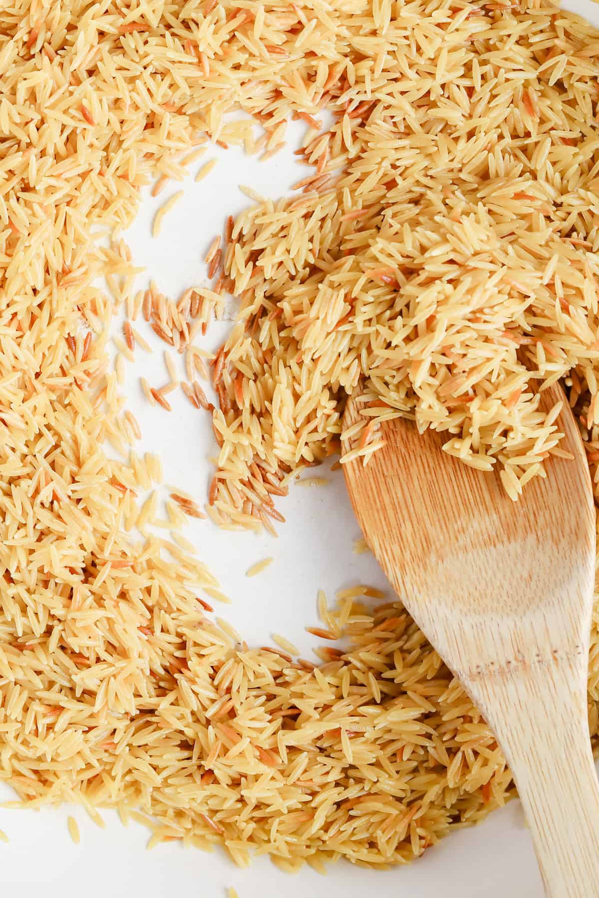 Toasted orzo in the bottom of a braiser pan.