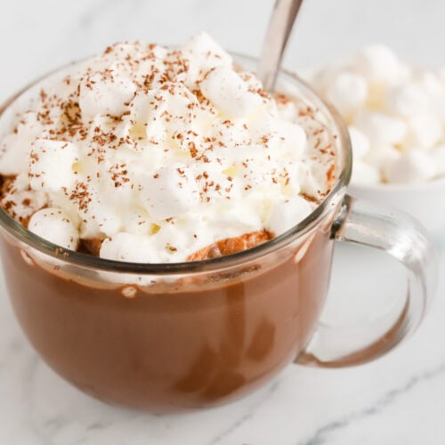 Dark chocolate hot chocolate in clear mug with whipped cream, mini marshmallows and chocolate shavings on top.
