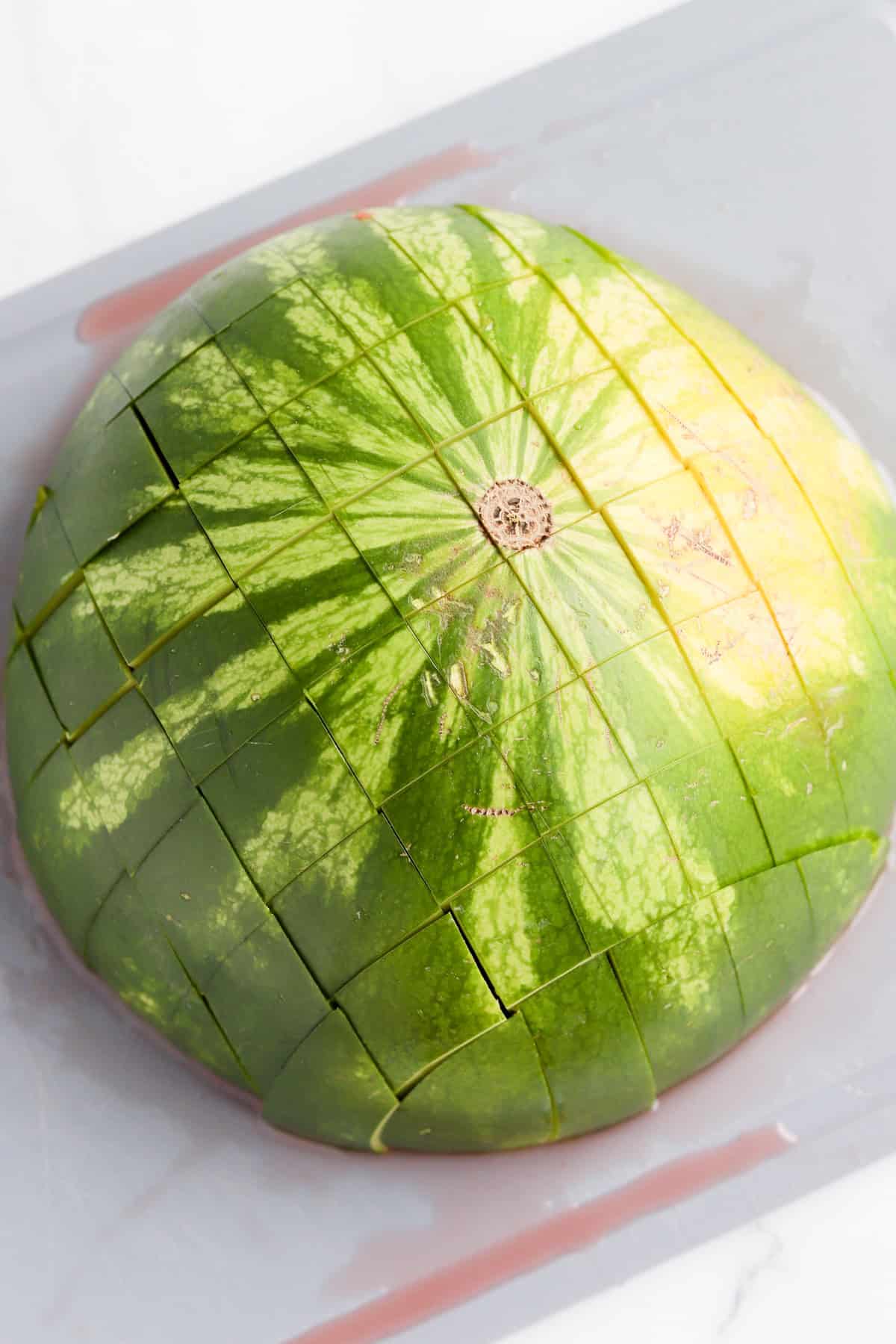 Watermelon cut into a grid pattern of one inch squares