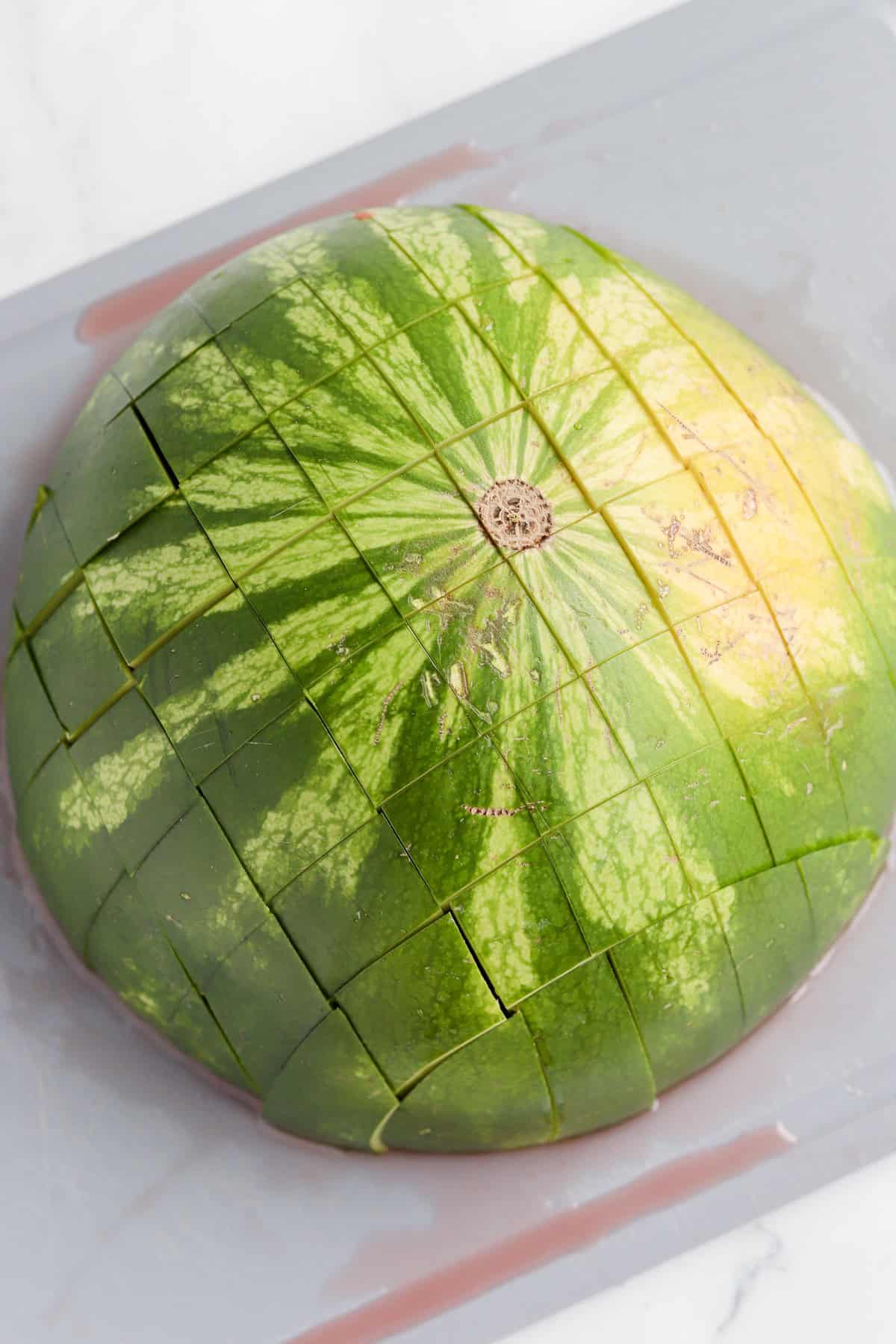 Watermelon cut into a grid pattern of one inch squares