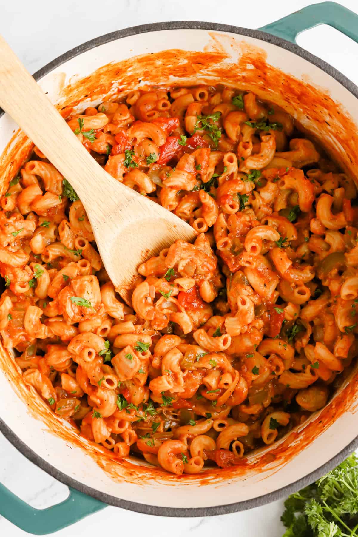 Overhead view of dutch oven with chicken goulash.