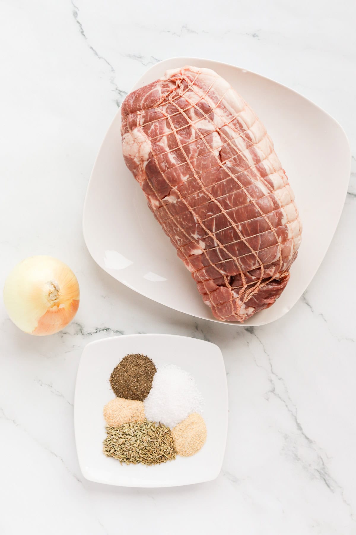 Pork butt on plate alongside spices on square plate and whole onion on countertop.