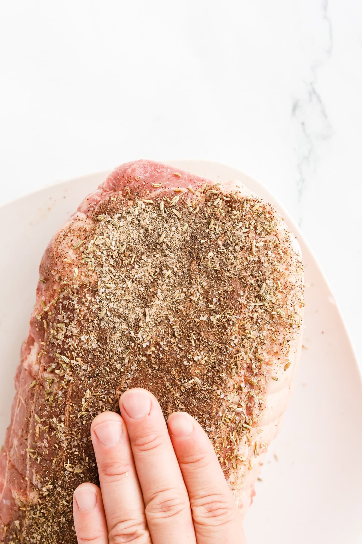 Hand rubbing spice mix onto pork butt.