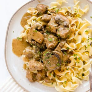 Featured image of a plate of beef stroganoff on egg noodles.