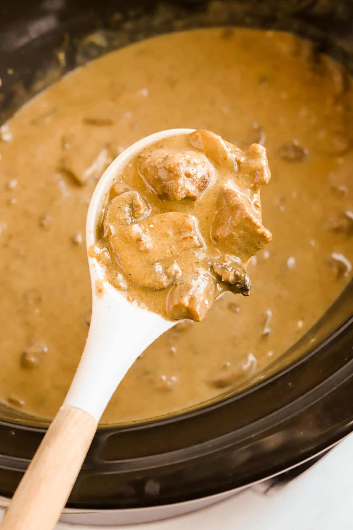 Silicone spoon full of beef and gravy