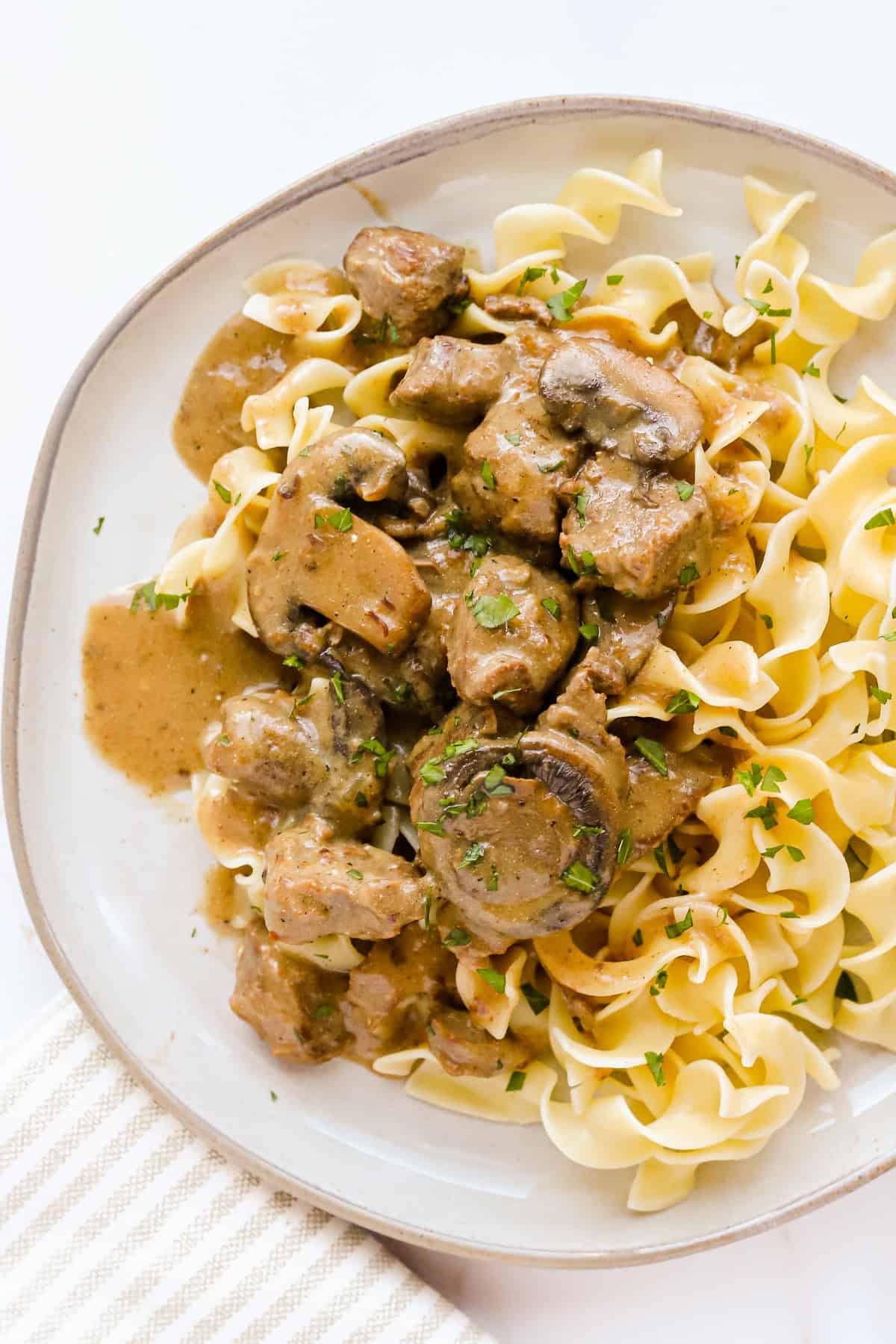 Plated beef stroganoff on egg noodles.
